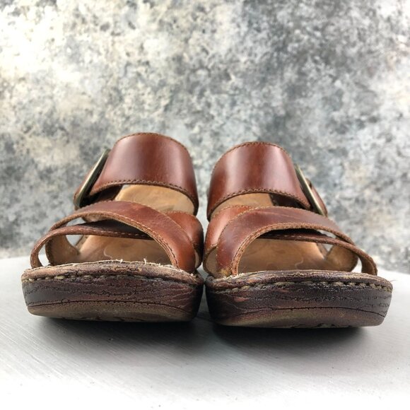 Born Women's 7 Tinari Brown Leather Open Toe Buckle Slip On High Heel Sandals - Picture 2 of 16